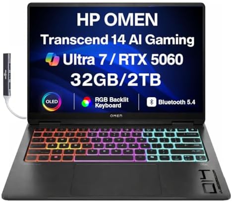 HP OMEN Transcend 14 AI Gaming Laptop 14 0 120Hz 3K OLED 500 nits Display  Intel Ultra 7 255H  GeForce RTX 5060 8GB  32GB LPDDR5X  1TB SSD  RGB KB  Thunderbolt 4  Win11Home  w/DKZ USB Port Expander