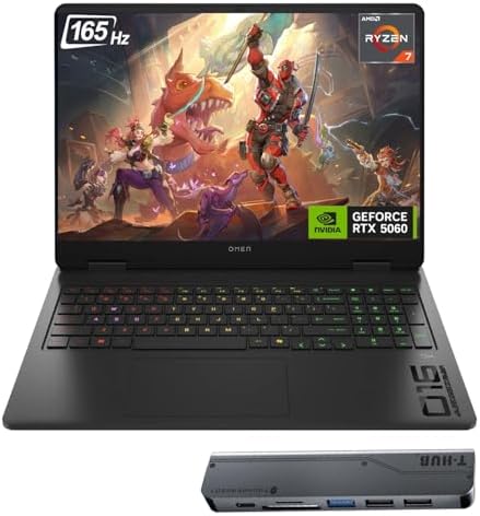 HP Omen 16 RTX 5060 Gaming Laptop  16 FHD  165Hz  AMD Ryzen AI 7 350  16GB DDR5 RAM  1TB SSD  RGB Backlit KB  Low Blue Light  Bundle with Thunderobot 7 in 1 USB C Hub  Black  Win 11 Home