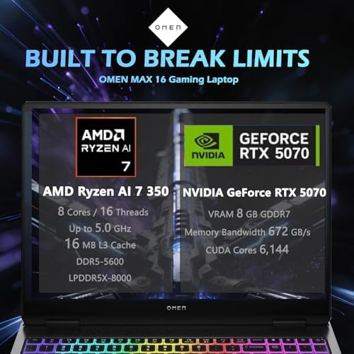 HP Omen Max 16  Gaming Laptop  AMD Ryzen AI 7 350  GeForce RTX 5070  WQXGA  2560   1600  240Hz IPS Display  32GB DDR5 2TB SSD  3 Heat Dissipation Design  Full Size RGB Keyboard  Omen AI  Win 11 Home