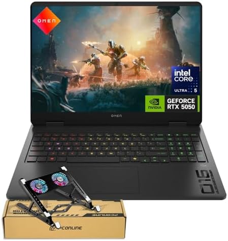 HP Omen RTX 5050 Gaming Laptop  16 FHD  165Hz  Intel Core Ultra 5 225H  32GB DDR5 RAM  1TB SSD  RGB Backlit Keyboard  RJ 45  Bundle with PCO Laptop Cooler  Black  Windows 11 Home