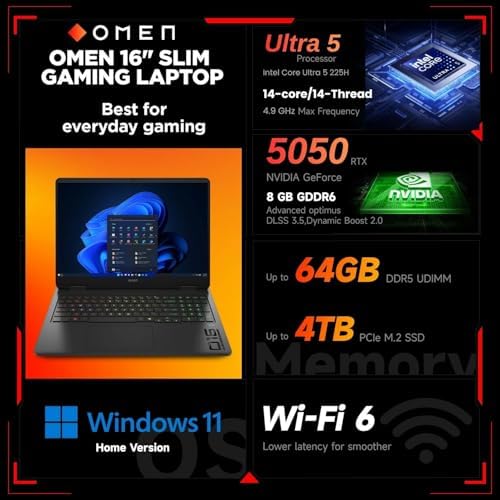 HP Omen RTX 5050 Gaming Laptop  16 FHD  165Hz  Intel Core Ultra 5 225H  32GB DDR5 RAM  1TB SSD  RGB Backlit Keyboard  RJ 45  Bundle with PCO Laptop Cooler  Black  Windows 11 Home