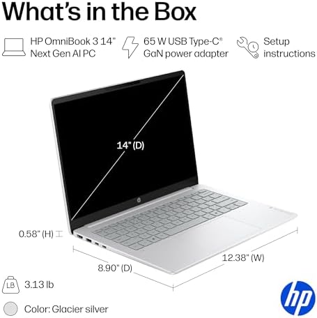 HP OmniBook 3 14 inch Next Gen AI PC  2K Display  Snapdragon X X1 26 100  16 GB RAM  512 GB SSD  Qualcomm Adreno GPU  Windows 11 Home  Glacier Silver  14 hz0099nr