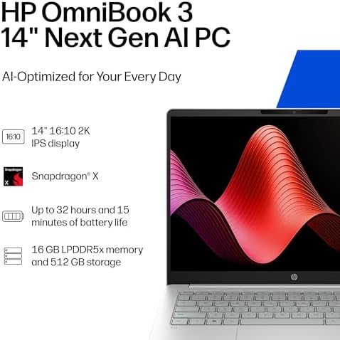 HP OmniBook 3 14 inch Next Gen AI PC  2K Display  Snapdragon X X1 26 100  16 GB RAM  512 GB SSD  Qualcomm Adreno GPU  Windows 11 Home  Glacier Silver  14 hz0099nr