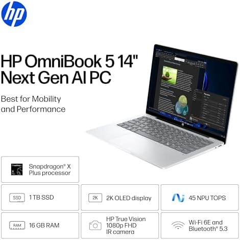 HP OmniBook 5 14 inch Next Gen AI PC  OLED Display  Snapdragon X Plus X1P 42 100  16 GB RAM  1 TB SSD  Qualcomm Adreno GPU  Windows 11 Home  Copilot  PC  Glacier Silver  14 he0099nr