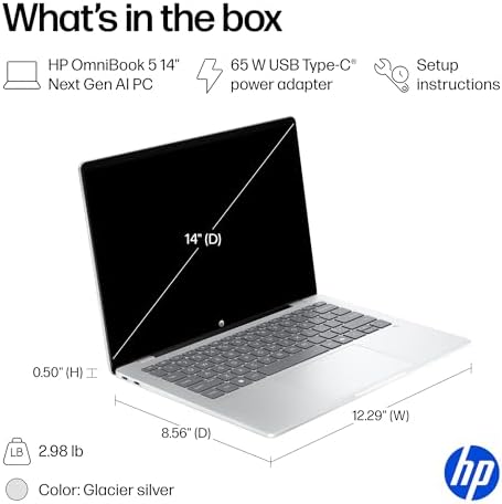 HP OmniBook 5 14 inch Next Gen AI PC  OLED Display  Snapdragon X Plus X1P 42 100  16 GB RAM  1 TB SSD  Qualcomm Adreno GPU  Windows 11 Home  Glacier Silver  14 he0099nr