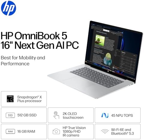 HP OmniBook 5 16 inch Next Gen AI PC  2K Touchscreen  Snapdragon X Plus X1P 42 100  16 GB RAM  512 GB SSD  Qualcomm Adreno GPU  Windows 11 Home  Copilot  PC  Glacier Silver  16 fb0000nr