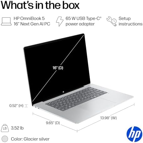 HP OmniBook 5 16 inch Next Gen AI PC  2K Touchscreen  Snapdragon X Plus X1P 42 100  16 GB RAM  512 GB SSD  Qualcomm Adreno GPU  Windows 11 Home  Copilot  PC  Glacier Silver  16 fb0000nr