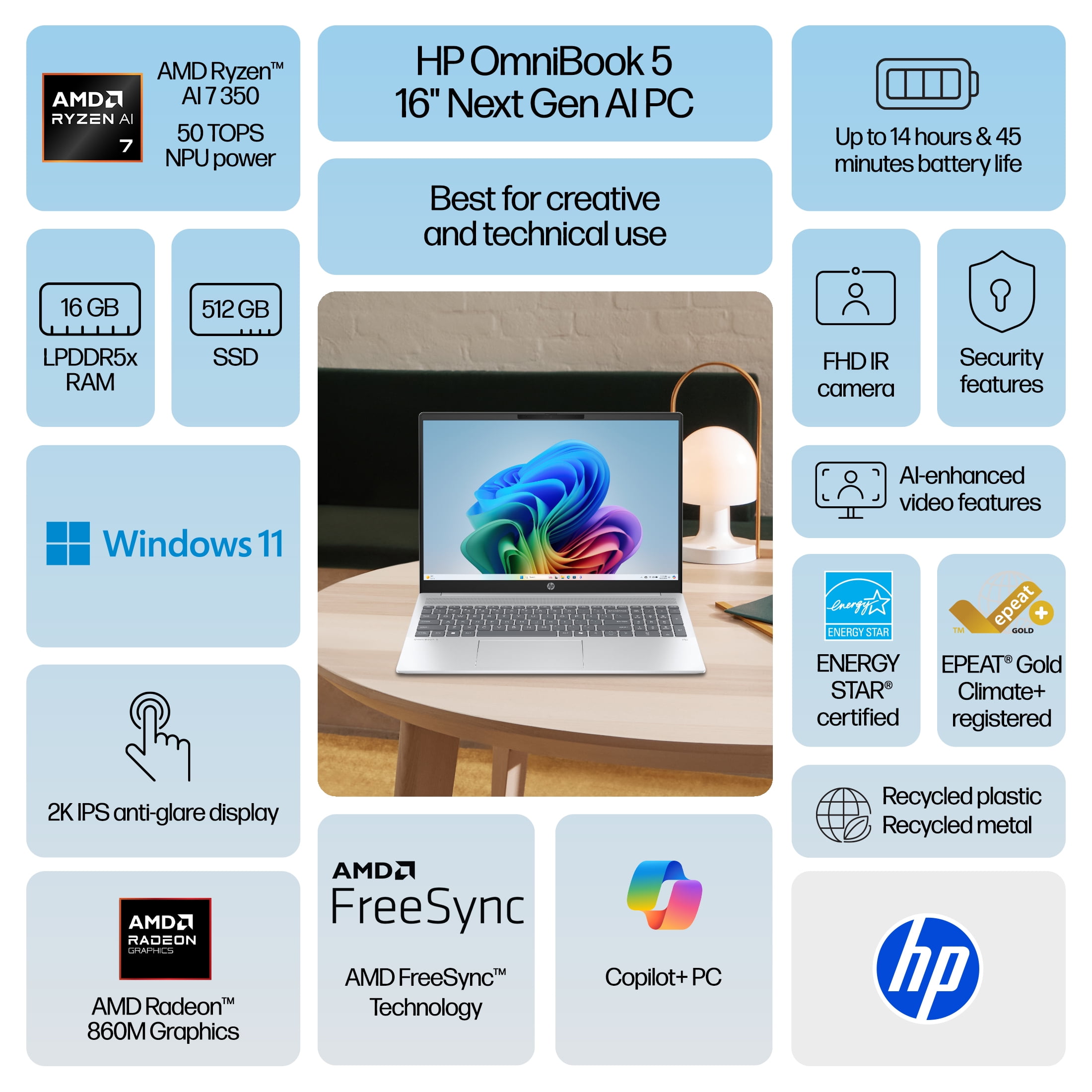 HP OmniBook 5 16 inch 2K Laptop Next Gen AI PC AMD Ryzen AI 7 350 16GB RAM 512GB SSD Glacier Silver