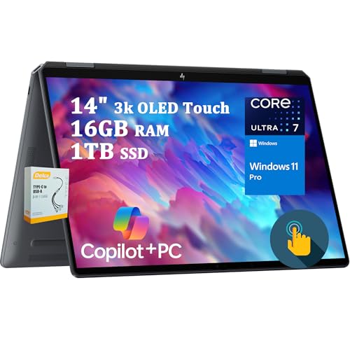 HP OmniBook Ultra Flip 2 in 1 Copilot  AI PC Laptop   14 3k OLED Touch   Intel 8 core Ultra 7 256V  Up to 47 Tops    16GB RAM 1TB SSD   Fingerprint Backlit Keyboard Win11 Pro w/DLCA Accessory