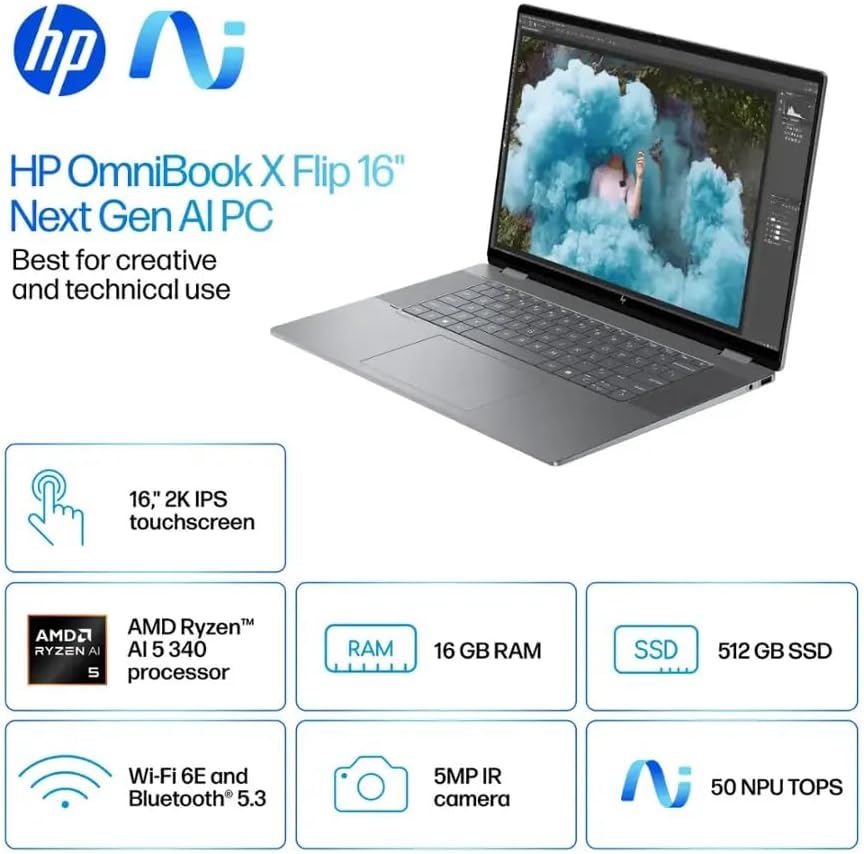 HP OmniBook X FILP Copilot  PC 16 inch 2K Touch 2 in 1 Touchs Laptop  AMD Ryzen AI 5 340  16GB DDR5 RAM  512GB SSD  Backlit KB  Copilot  PC  Windows 11 Home  Meteor Silver  16 ar0013dx