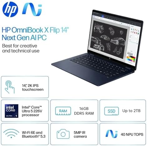 HP OmniBook X Flip 14 2 in 1 Laptop  Laptop Touchscreen 14 WUXGA IPS  Intel 8 core Ultra 5 226V  Intel Arc 130V GPU  16GB RAM 512GB SSD  Thunderbolt 4  Windows 11 Home