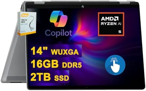 HP OmniBook X Flip 2 in 1 Copilot  AI PC Laptop   14 WUXGA Touch 400nits   AMD 6 core Ryzen AI 5 340  Up to 50 Tops    16GB DDR5 1TB SSD   Backlit Wi Fi6E 5MP IR Camera Poly Win11 w/DLCA Accessory