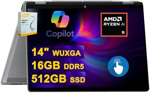 HP OmniBook X Flip 2 in 1 Copilot  AI PC Laptop   14 WUXGA Touch 400nits   AMD 6 core Ryzen AI 5 340  Up to 50 Tops    16GB DDR5 1TB SSD   Backlit Wi Fi6E 5MP IR Camera Poly Win11 w/DLCA Accessory