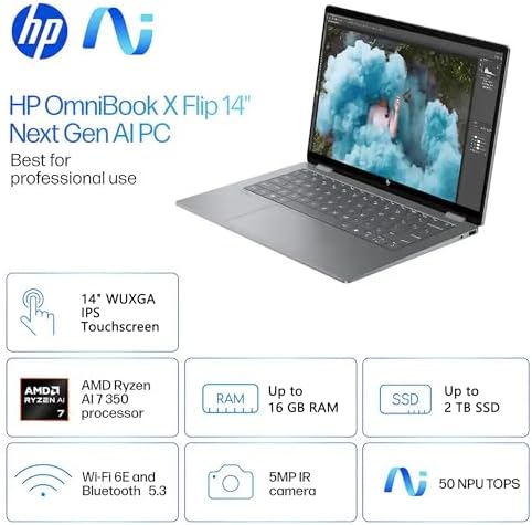 HP OmniBook X Flip 2 in 1 Laptop   14 WUXGA IPS Touch   AMD Ryzen AI 7 350  Up to 50 NPU Tops    24GB DDR5 1TB SSD   Copilot  AI PC for Creator Business Professional Win11 Pro w/DLCA Accessory