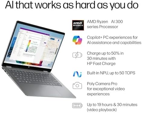 HP OmniBook X Flip 2 in 1 Laptop   14 WUXGA IPS Touch   AMD Ryzen AI 7 350  Up to 50 NPU Tops    24GB DDR5 1TB SSD   Copilot  AI PC for Creator Business Professional Win11 Pro w/DLCA Accessory