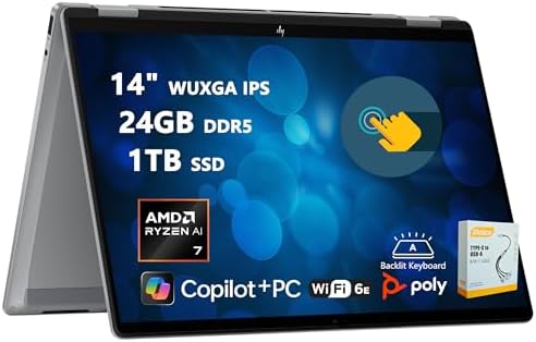 HP OmniBook X Flip 2 in 1 Laptop   14 WUXGA IPS Touch   AMD Ryzen AI 7 350  Up to 50 NPU Tops    24GB DDR5 1TB SSD   Copilot  AI PC for Creator Business Professional Win11 Pro w/DLCA Accessory