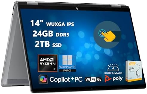 HP OmniBook X Flip 2 in 1 Laptop   14 WUXGA IPS Touch   AMD Ryzen AI 7 350  Up to 50 NPU Tops    24GB DDR5 1TB SSD   Copilot  AI PC for Creator Business Professional Win11 Pro w/DLCA Accessory