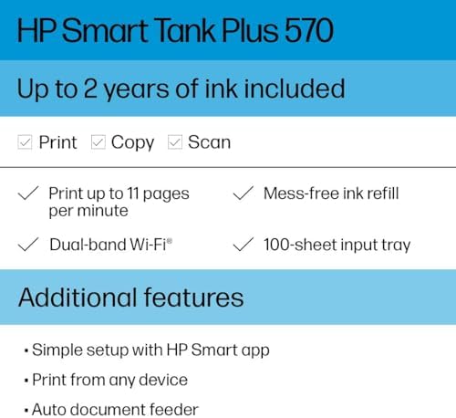 HP Smart Tank Plus 570 Wireless All in One Ink Tank Printer with up to 2 Years of Ink Included  5HX14A