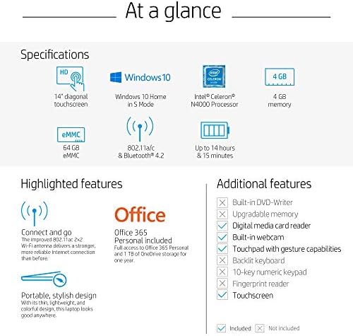 HP Stream Laptop Intel N4000 4GB 64GB eMMC 14 Inch WLED Win 10 S with Office 365 1 Year
