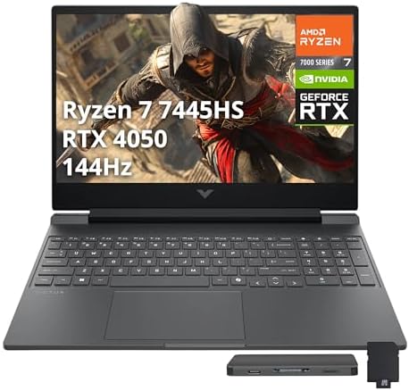 HP Victus 15 6 FHD 144Hz Gaming Laptop  AMD Ryzen 7 7445HS  GeForce RTX 4050  16GB DDR5  1 5TB Storage  512GB SSD 1TB Docking Station Set   Backlit Keyboard  Copilot  Wi Fi 6  Win 11 Pro  Mica Silver