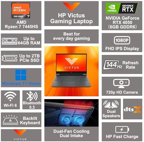 HP Victus 15 Gaming Laptop 15 6 FHD IPS 144Hz AMD 6 core Ryzen 7 7445HS 16GB RAM 512GB SSD GeForce RTX 4050 Backlit USB C DTS X Ultra Wi Fi 6 Win11 ICP Hub