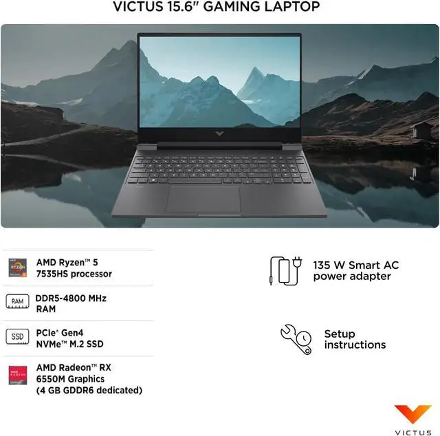 HP Victus Gaming 15.6" 144 Hz FHD AMD Ryzen 5-7535HS (supera a i7-13620H) AMD Radeon RX 6550M (supera a GeForce RTX 4050) 16 GB de RAM DDR5 512 GB SSD HDMI 2.1 USB-C retroiluminado Wi-Fi 6 Bluetooth Windows 11 Home