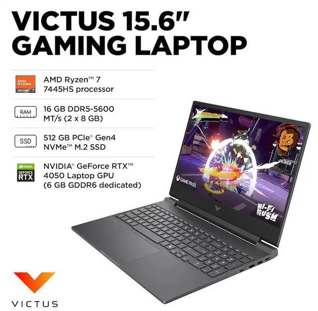 Portátil para juegos HP Victus: pantalla IPS FHD de 15,6 pulgadas (1920 x 1080) y 144 Hz, AMD Ryzen 7 7445HS, 16 GB de RAM DDR5, SSD NVMe de 512 GB, NVIDIA GeForce RTX 4050 de 6 GB GDDR6, Windows 11 Home - Plata mica