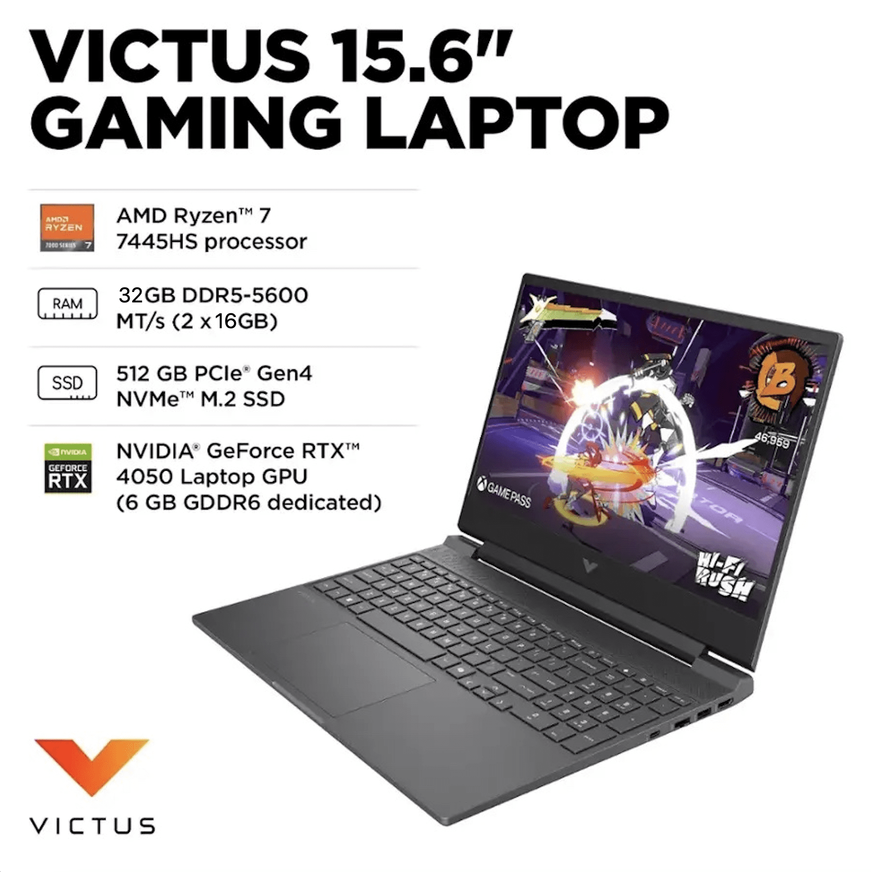 HP   Victus 15 6" 144Hz Full HD Gaming Laptop   AMD Ryzen 7 7445HS   32GB Memory   NVIDIA GeForce RTX 4050   512GB SSD   Mica Silver