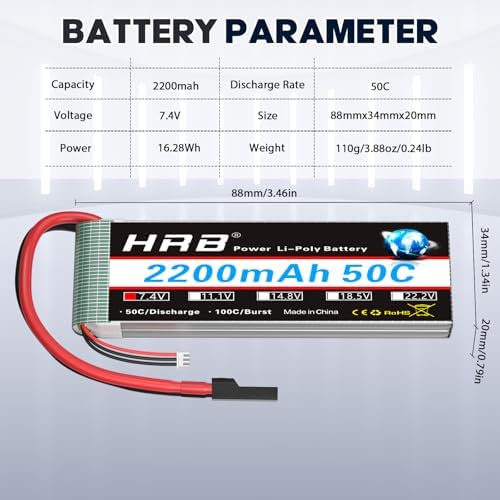 HRB 2S 7 4V 2200mAh LiPo Battery TR Plug 50C 100C Compatible with RC Airplane  RC Helicopter  RC Car  RC Truck  RC Boat