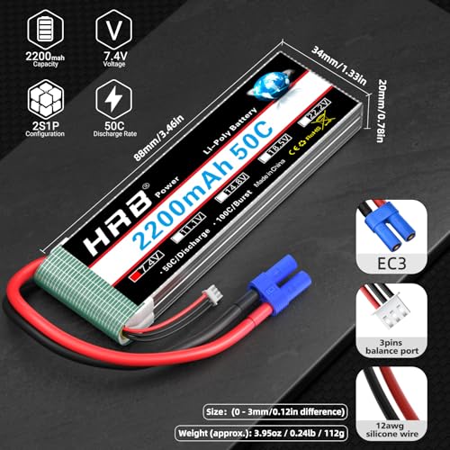 HRB 2S Lipo Batería 2200mAh 7.4V 50C EC3 Plug RC Lipo Batería Compatible con RC Car Truck Quadcopter Avión Helicóptero Barco