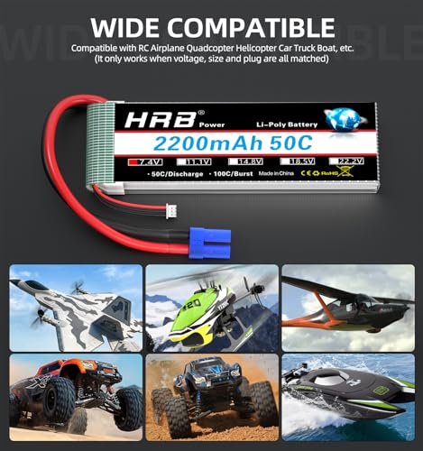 HRB 2S Lipo Batería 2200mAh 7.4V 50C EC3 Plug RC Lipo Batería Compatible con RC Car Truck Quadcopter Avión Helicóptero Barco
