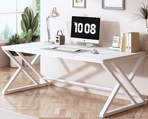 HSH White 70 8 Computer Desk  Modern Large Long Wood Metal Office Desk  Farmhouse Pc Study Work Writing Desk for Two Person  Rustic Double Workstation Executive Desk for Home Bedroom Living Room