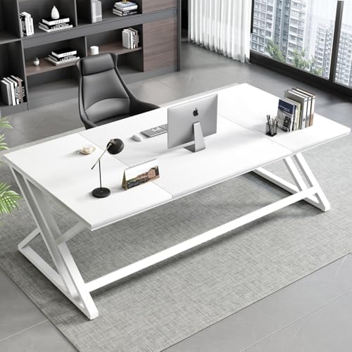 HSH White 70 8 Computer Desk  Modern Large Long Wood Metal Office Desk  Farmhouse Pc Study Work Writing Desk for Two Person  Rustic Double Workstation Executive Desk for Home Bedroom Living Room