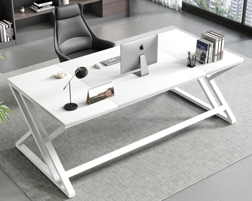 HSH White 70 8 Computer Desk  Modern Large Long Wood Metal Office Desk  Farmhouse Pc Study Work Writing Desk for Two Person  Rustic Double Workstation Executive Desk for Home Bedroom Living Room