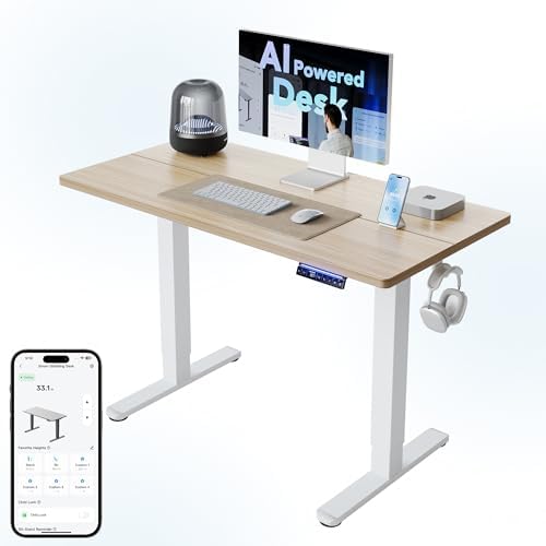 HUANUO 32 Small Electric Standing Desk Adjustable Height  4 Memory Height Settings  Sit Stand Up Desk for Home Office & Computer Workstation  LightWalnut