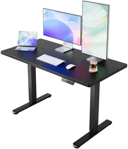 HUANUO 48 x 24 Electric Standing Desk Adjustable Height  4 Memory Height Settings  Headphone Hook  Cable Manager  Sit Stand Up Desk for Home Office & Computer Workstation  Black