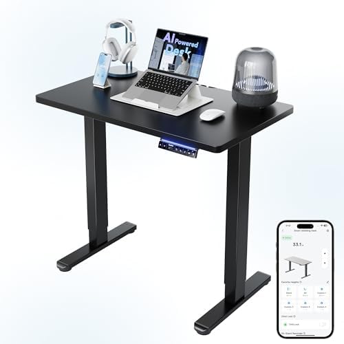 HUANUO 48 x 24 Electric Standing Desk Adjustable Height  4 Memory Height Settings  Headphone Hook  Cable Manager  Sit Stand Up Desk for Home Office & Computer Workstation  Black