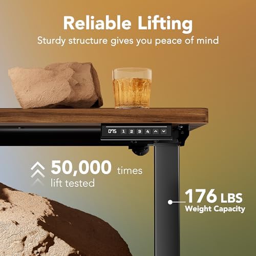 HUANUO 48 x 24 Electric Standing Desk Adjustable Height  4 Memory Height Settings  Headphone Hook  Cable Manager  Sit Stand Up Desk for Home Office & Computer Workstation  Black