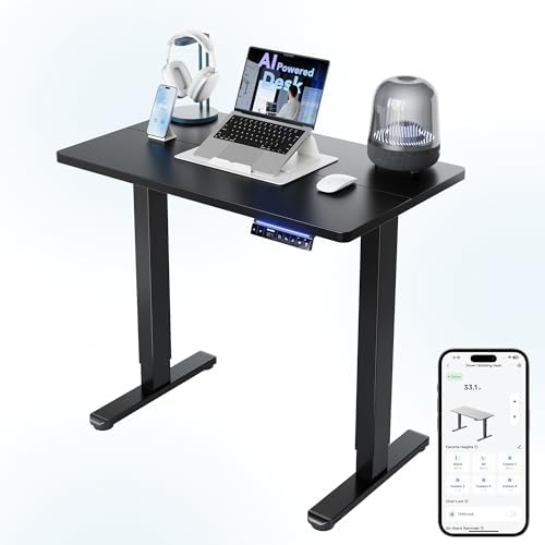 HUANUO 48 x 24 Electric Standing Desk Adjustable Height  4 Memory Height Settings  Headphone Hook  Cable Manager  Sit Stand Up Desk for Home Office & Computer Workstation  Black