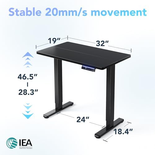 HUANUO 48 x 24 Electric Standing Desk Adjustable Height  4 Memory Height Settings  Headphone Hook  Cable Manager  Sit Stand Up Desk for Home Office & Computer Workstation  Black