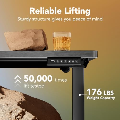 HUANUO 48 x 24 Electric Standing Desk Adjustable Height  4 Memory Height Settings  Headphone Hook  Cable Manager  Sit Stand Up Desk for Home Office & Computer Workstation  Black