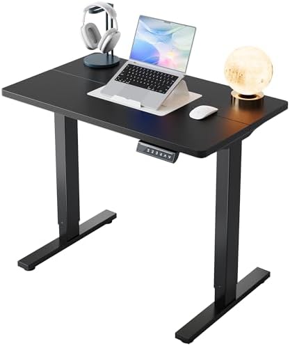 HUANUO 48 x 24 Electric Standing Desk Adjustable Height  4 Memory Height Settings  Headphone Hook  Cable Manager  Sit Stand Up Desk for Home Office & Computer Workstation  Black