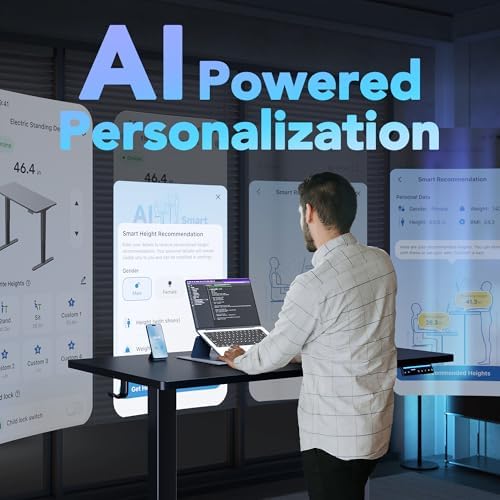 HUANUO 48 x 24 Electric Standing Desk Adjustable Height  4 Memory Height Settings  Headphone Hook  Cable Manager  Sit Stand Up Desk for Home Office & Computer Workstation  Black