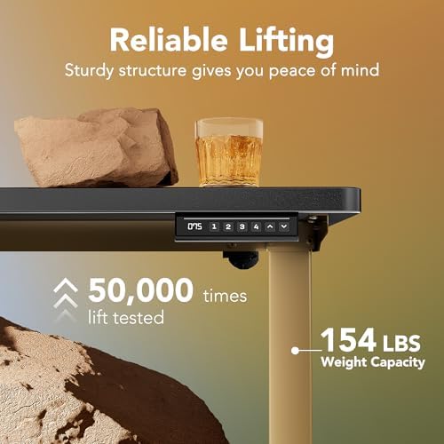 HUANUO 48 x 24 Electric Standing Desk Adjustable Height  4 Memory Height Settings  Headphone Hook  Cable Manager  Sit Stand Up Desk for Home Office & Computer Workstation  Black