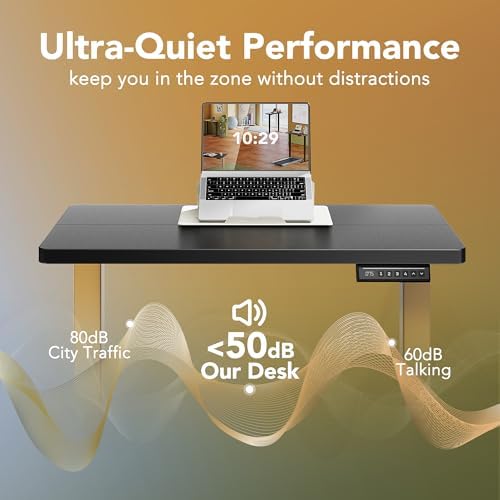 HUANUO 48 x 24 Electric Standing Desk Adjustable Height  4 Memory Height Settings  Headphone Hook  Cable Manager  Sit Stand Up Desk for Home Office & Computer Workstation  Black