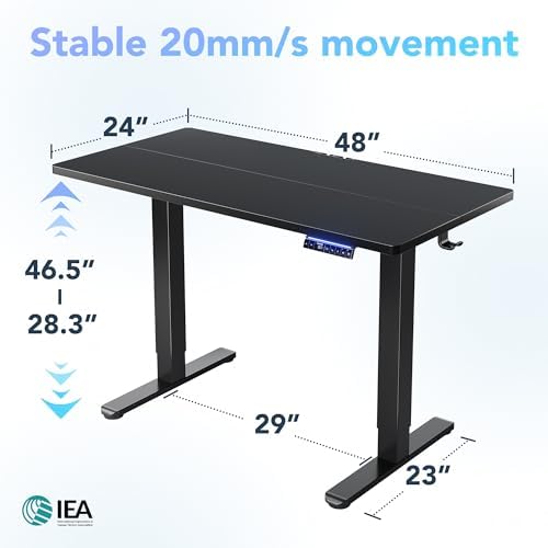 HUANUO 48 x 24 Electric Standing Desk Adjustable Height  4 Memory Height Settings  Headphone Hook  Cable Manager  Sit Stand Up Desk for Home Office & Computer Workstation  Black