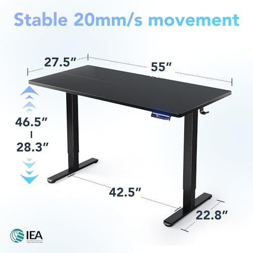 HUANUO 48 x 24 Electric Standing Desk Adjustable Height  4 Memory Height Settings  Headphone Hook  Cable Manager  Sit Stand Up Desk for Home Office & Computer Workstation  Black