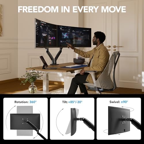 HUANUO NITROGLIDE™ Soporte de monitor dual para 13 ″ – 40 ″, soporte de monitor doble premium con USB, soporte de monitor ajustable en altura para 2 monitores, montaje VESA con base de abrazadera/ojal