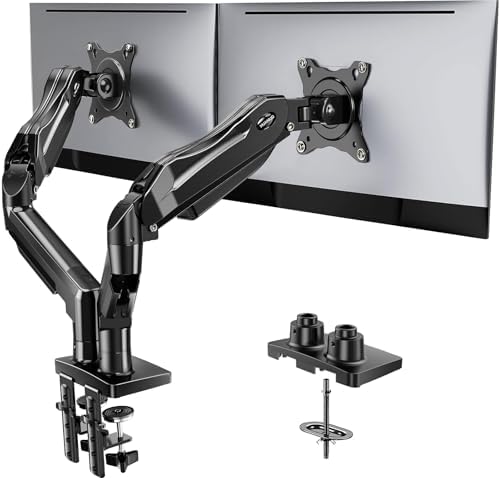 HUANUO FlowLift  Dual Monitor Stand  Fully Adjustable Gaming Monitor Desk Mount for 13 32  Computer Screens  Full Motion VESA 75x75/100x100 with C Clamp & Grommet Base  Each Arm Holds 4 4 to 19 8 lbs