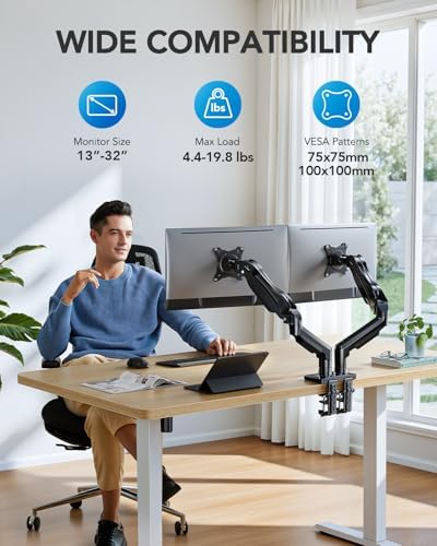 HUANUO FlowLift  Dual Monitor Stand  Fully Adjustable Gaming Monitor Desk Mount for 13 32  Computer Screens  Full Motion VESA 75x75/100x100 with C Clamp & Grommet Base  Each Arm Holds 4 4 to 19 8 lbs